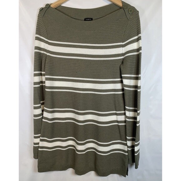 Talbots Green White Stripe Long Sleeve Boat Neck Button Shoulder Sweater Medium - Picture 2 of 8